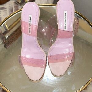 Manolo Blahnik Women's Pink Scolto Clear Double Strap Sandals Size 38.5